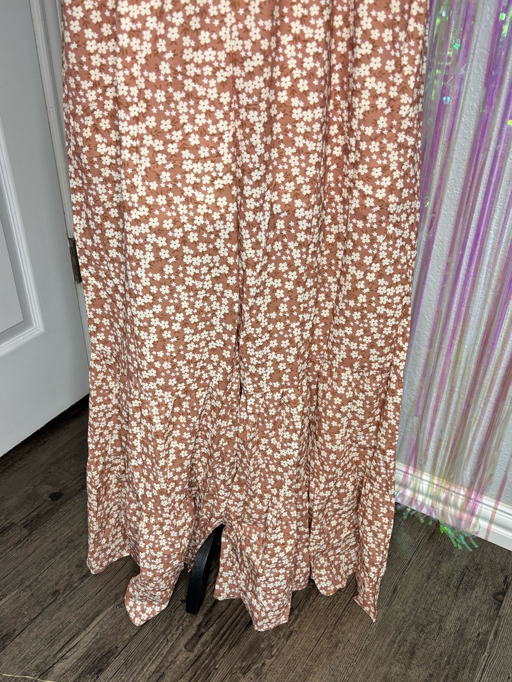 Smocked Bodice Floral Jumpsuit in Khaki/ Orange- Ruffle Wide Leg Adj Thin Straps - Picture 6 of 12